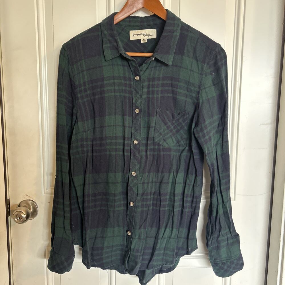 Young Hearts Run Free Women’s Green/Blue Plaid Flannel Size XL 100% Cotton